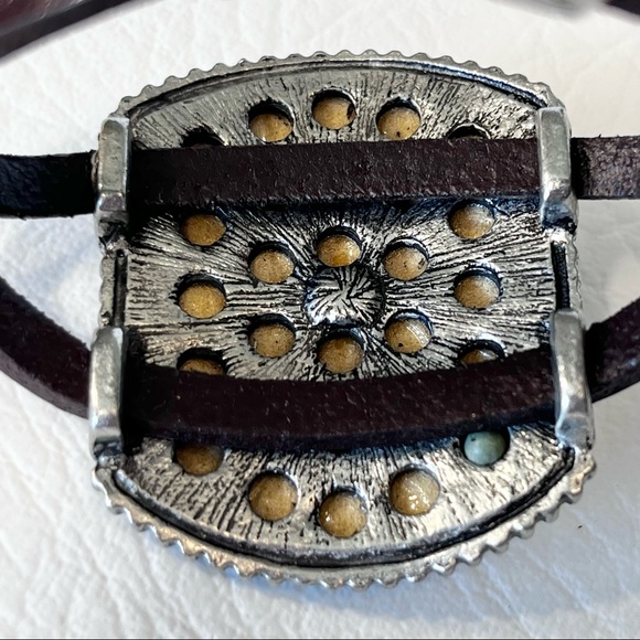 Vintage Leather Bracelet Silver Rhinestone Cross Yellow Crocodile - Picture 3 of 7
